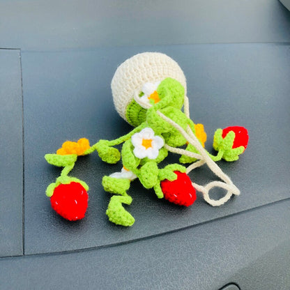 Crochet Cute Strawberry flower basket Car Mirror Hanging Accessories for Women Teens Interior Rear View Mirror Flower Charm Decor