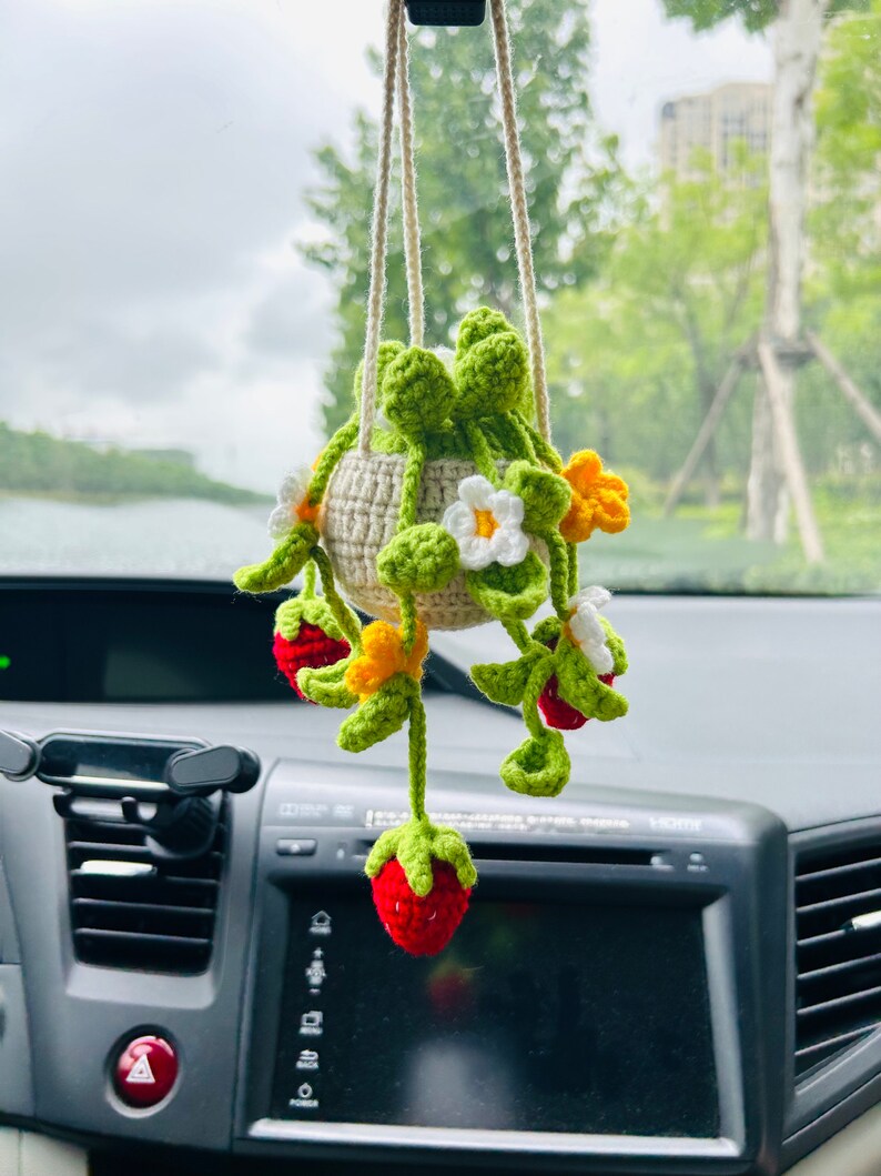 Crochet Cute Strawberry flower basket Car Mirror Hanging Accessories for Women Teens Interior Rear View Mirror Flower Charm Decor