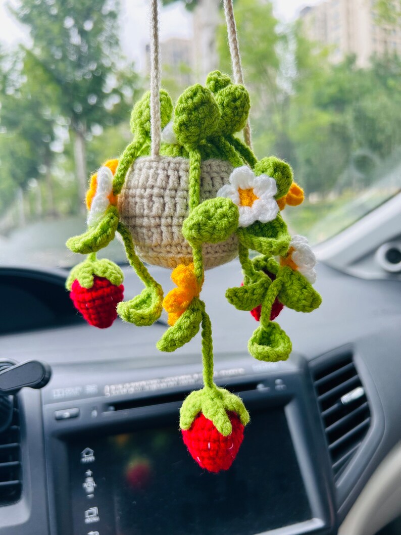 Crochet Cute Strawberry flower basket Car Mirror Hanging Accessories for Women Teens Interior Rear View Mirror Flower Charm Decor