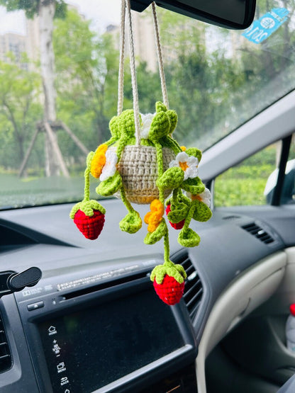 Crochet Cute Strawberry flower basket Car Mirror Hanging Accessories for Women Teens Interior Rear View Mirror Flower Charm Decor