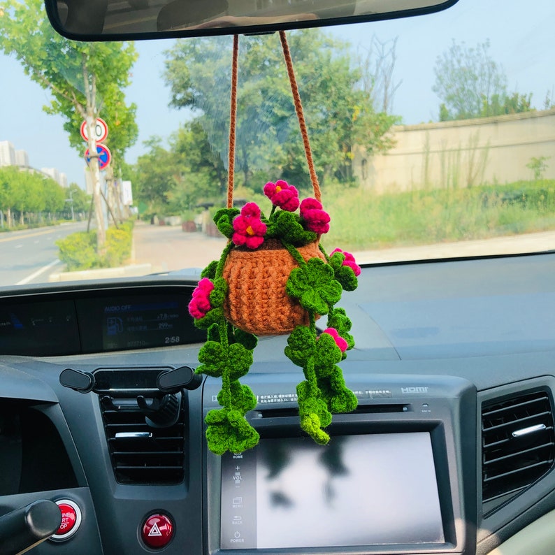 Crochet Cute clover flower Car Mirror Hanging Accessories for Women Teens Interior Rear View Mirror Flower Charm Decor