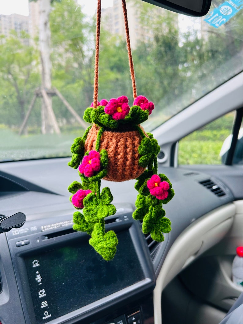 Crochet Cute clover flower Car Mirror Hanging Accessories for Women Teens Interior Rear View Mirror Flower Charm Decor