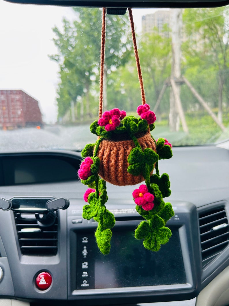 Crochet Cute clover flower Car Mirror Hanging Accessories for Women Teens Interior Rear View Mirror Flower Charm Decor