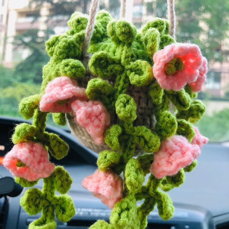 Crochet Cute pink lily of the valley basket Car Mirror Hanging Accessories for Women Teens Interior Rear View Mirror Flower Charm Decor
