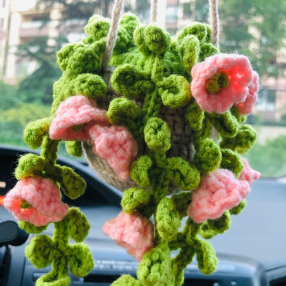 Crochet Cute pink lily of the valley basket Car Mirror Hanging Accessories for Women Teens Interior Rear View Mirror Flower Charm Decor