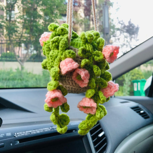 Crochet Cute pink lily of the valley basket Car Mirror Hanging Accessories for Women Teens Interior Rear View Mirror Flower Charm Decor