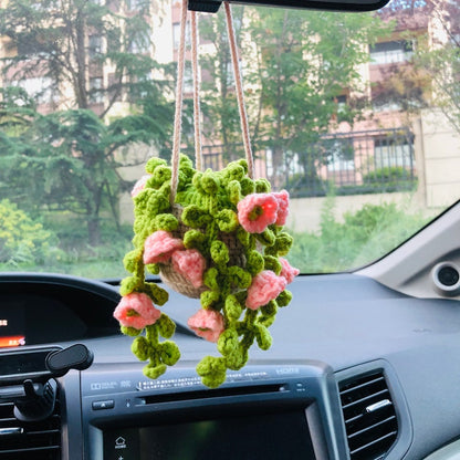 Crochet Cute pink lily of the valley basket Car Mirror Hanging Accessories for Women Teens Interior Rear View Mirror Flower Charm Decor