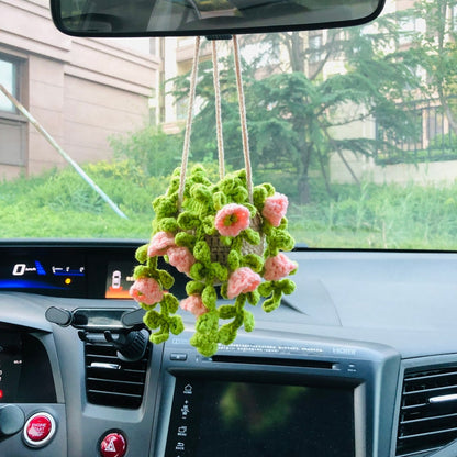 Crochet Cute pink lily of the valley basket Car Mirror Hanging Accessories for Women Teens Interior Rear View Mirror Flower Charm Decor