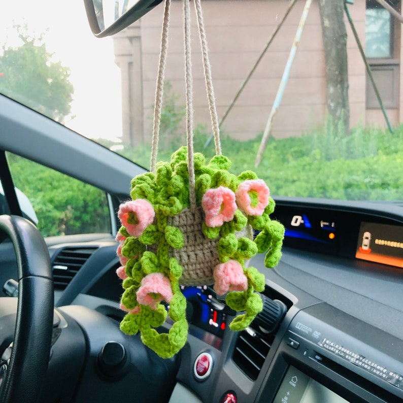 Crochet Cute pink lily of the valley basket Car Mirror Hanging Accessories for Women Teens Interior Rear View Mirror Flower Charm Decor