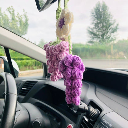 Crochet Cute grape Car Mirror Hanging Accessories for Women Teens Interior Rear View Mirror Flower Charm Decor