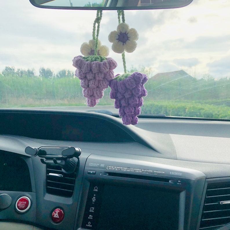 Crochet Cute grape Car Mirror Hanging Accessories for Women Teens Interior Rear View Mirror Flower Charm Decor