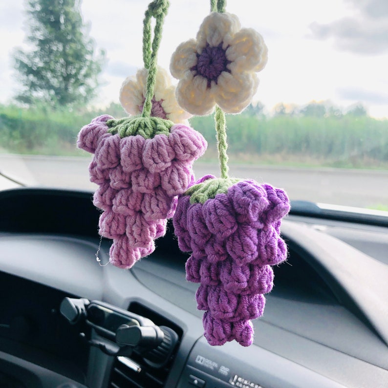 Crochet Cute grape Car Mirror Hanging Accessories for Women Teens Interior Rear View Mirror Flower Charm Decor