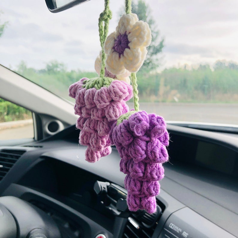 Crochet Cute grape Car Mirror Hanging Accessories for Women Teens Interior Rear View Mirror Flower Charm Decor