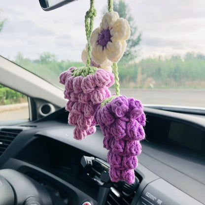 Crochet Cute grape Car Mirror Hanging Accessories for Women Teens Interior Rear View Mirror Flower Charm Decor