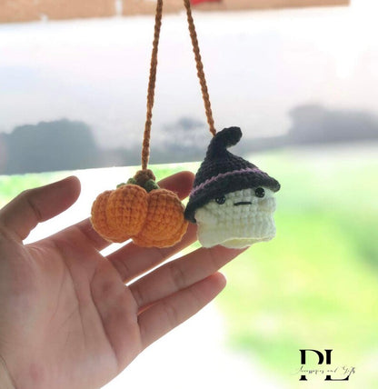 Crochet Ghost And Pumpkin Car Charm Spooky, Cute Ghost Pumpkin Rear View Mirror Ornament, Fall Halloween Car Accessories Halloween Car Decor
