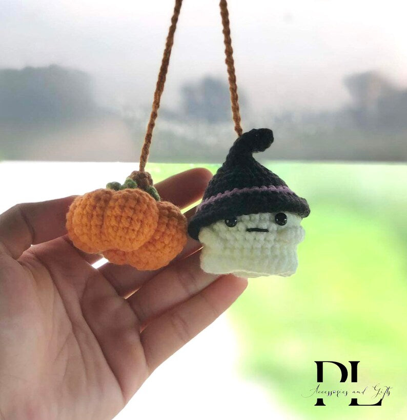 Crochet Ghost And Pumpkin Car Charm Spooky, Cute Ghost Pumpkin Rear View Mirror Ornament, Fall Halloween Car Accessories Halloween Car Decor