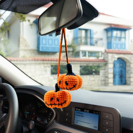 Crochet Halloween Pumpkin Car Accessory: Rearview Mirror Ornament