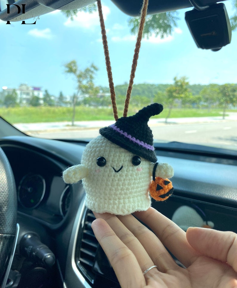 Crochet Ghost Car Charm, Halloween Hanging Ornament