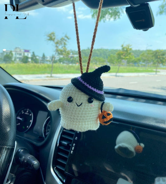 Crochet Ghost Car Charm, Halloween Hanging Ornament
