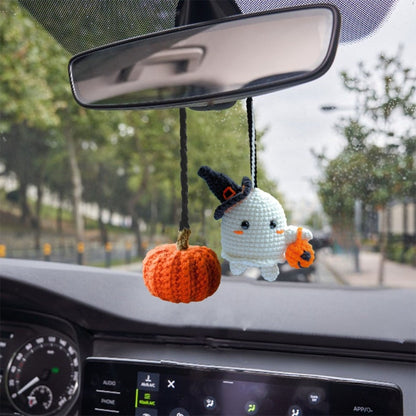 Crochet Ghost Car Accessory: Halloween Pumpkin Rearview Mirror Ornament