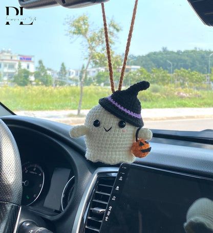 Crochet Ghost Car Charm, Halloween Hanging Ornament