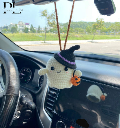 Crochet Ghost Car Charm, Halloween Hanging Ornament