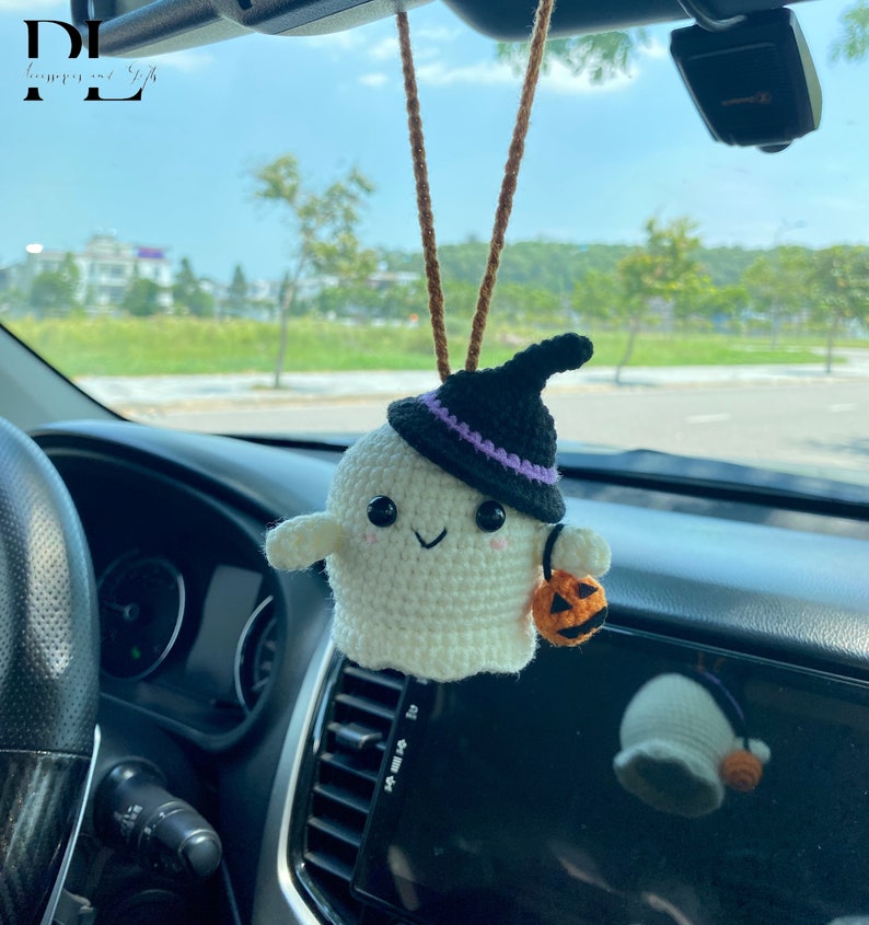 Crochet Ghost Car Charm, Halloween Hanging Ornament