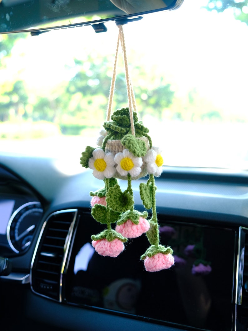 Crochet Rose & Daisy Car Mirror Hanging: Boho Car Accessory