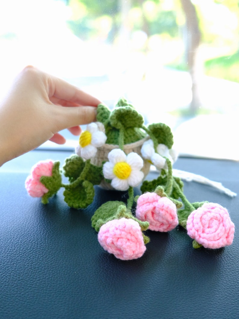 Crochet Rose & Daisy Car Mirror Hanging: Boho Car Accessory