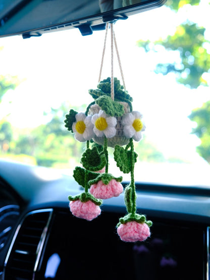 Crochet Rose & Daisy Car Mirror Hanging: Boho Car Accessory