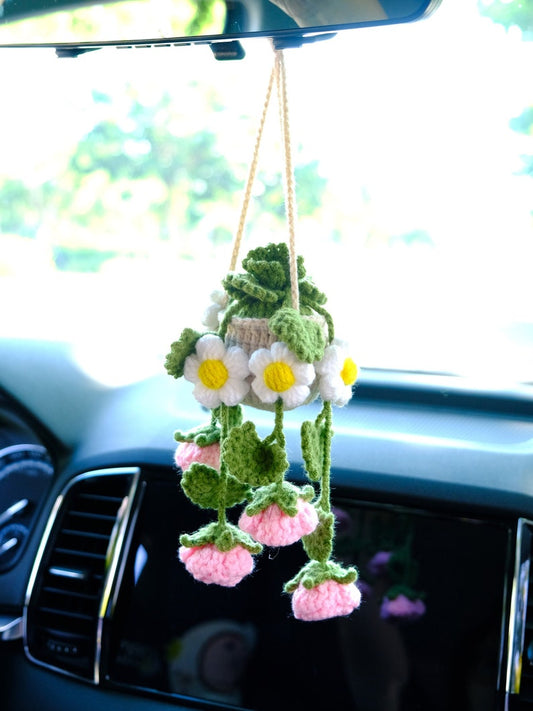 Crochet Rose & Daisy Car Mirror Hanging: Boho Car Accessory