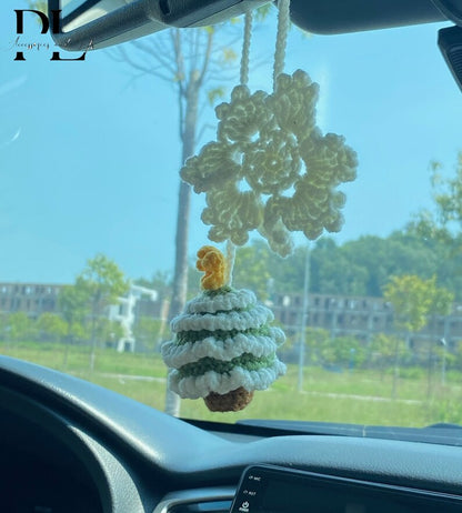 Crochet Christmas Tree And Snowflake Car Charm, Cute Christmas Tree Snowflake Rear View Mirror Ornament, Christmas Car Decor