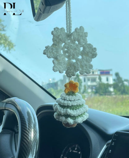 Crochet Christmas Tree And Snowflake Car Charm, Cute Christmas Tree Snowflake Rear View Mirror Ornament, Christmas Car Decor
