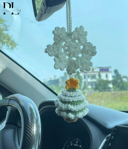 Crochet Christmas Tree And Snowflake Car Charm, Cute Christmas Tree Snowflake Rear View Mirror Ornament, Christmas Car Decor