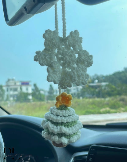 Crochet Christmas Tree And Snowflake Car Charm, Cute Christmas Tree Snowflake Rear View Mirror Ornament, Christmas Car Decor