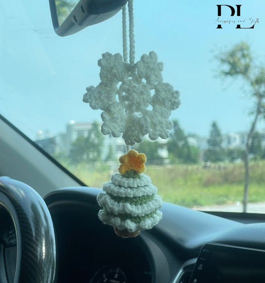 Crochet Christmas Tree And Snowflake Car Charm, Cute Christmas Tree Snowflake Rear View Mirror Ornament, Christmas Car Decor