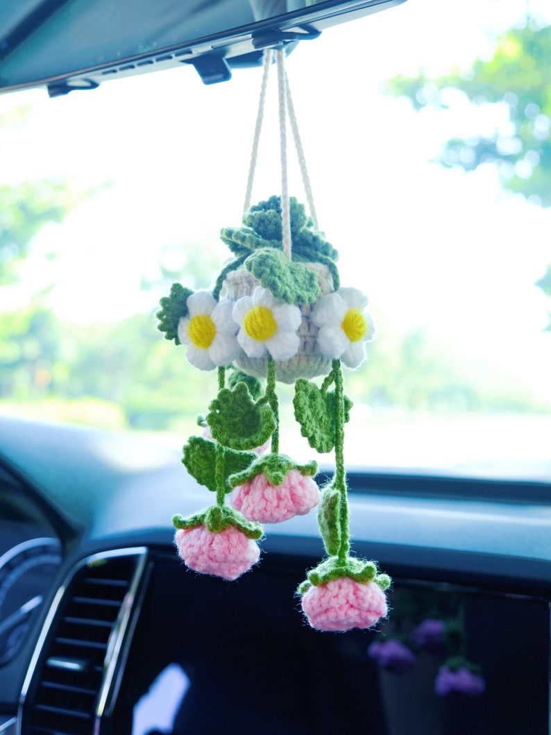 Crochet Rose & Daisy Car Mirror Hanging: Boho Car Accessory