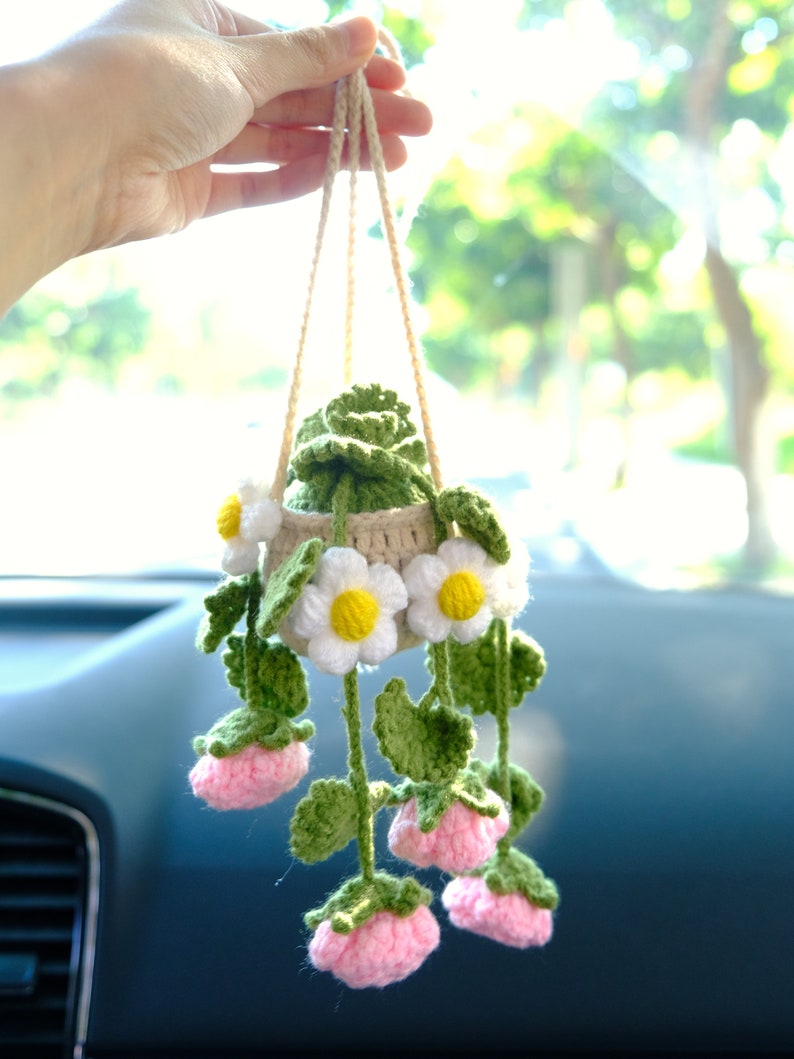 Crochet Rose & Daisy Car Mirror Hanging: Boho Car Accessory