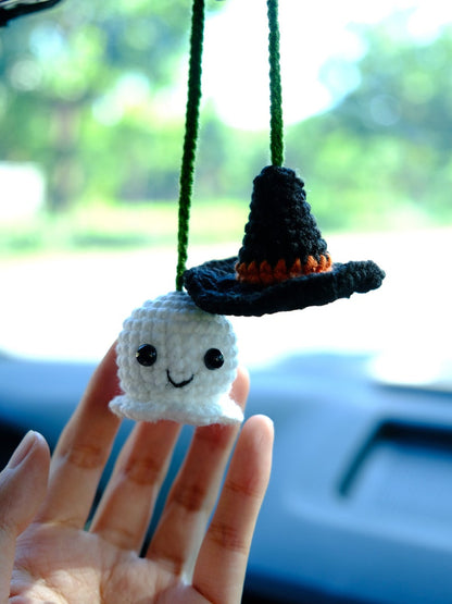 Crochet Ghost Witch Hat Car Mirror Hanging, Spooky Cute Car Rearview Charm, Halloween Car Interior Accessories