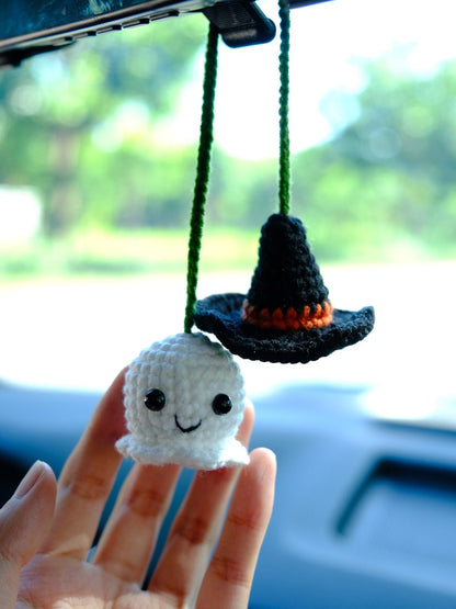 Crochet Ghost Witch Hat Car Mirror Hanging, Spooky Cute Car Rearview Charm, Halloween Car Interior Accessories