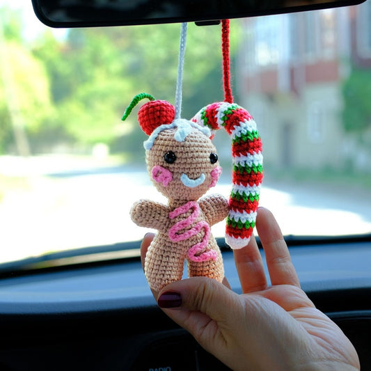 Crochet Gingerbread Ornament: Handmade Candy Cane Car Accessory