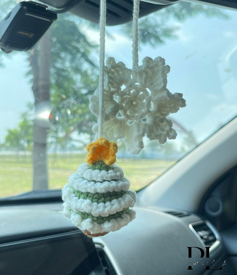 Crochet Christmas Tree And Snowflake Car Charm, Cute Christmas Tree Snowflake Rear View Mirror Ornament, Christmas Car Decor