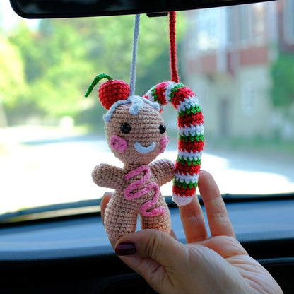 Crochet Gingerbread Man Car Charm: Christmas Rearview Mirror Decoration
