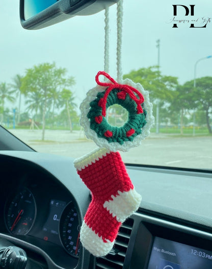 Crochet Christmas Stock And Mini Wreath Car Charm, Cute Christmas Stocking Wreath Rear View Mirror Ornament, Christmas Car Accessories