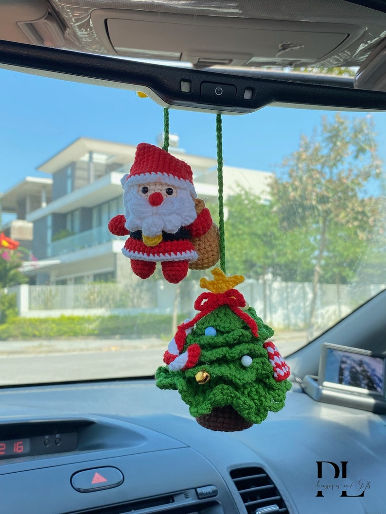 Crochet Christmas Tree And Santa Car Charm, Cute Christmas Tree Santa Rear View Mirror Ornament, Christmas Car Decor Accessories