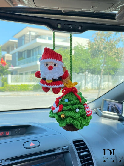 Crochet Christmas Tree And Santa Car Charm, Cute Christmas Tree Santa Rear View Mirror Ornament, Christmas Car Decor Accessories