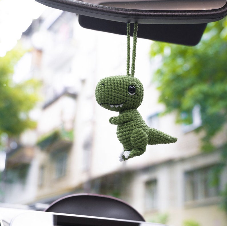Dinosaur Car Decoration RearView Mirror Crochet Car Mirror Hanging Dino, Cool Car Decor, Crochet Dinosaur Gift Plush Car Accessory T-rex Toy