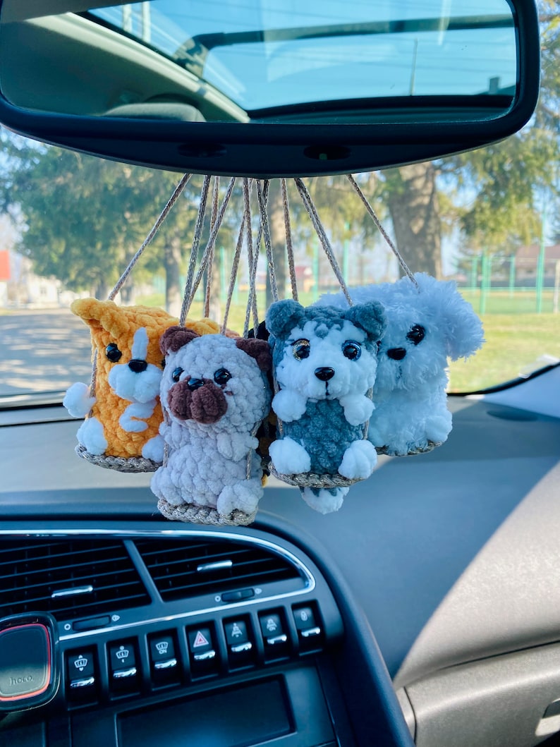 Car charms rear view mirror, Crochet mirror hanger Dog pug shepherd corgi malinois husky beagle Jack Russel Terrier Chihuahua car accessory