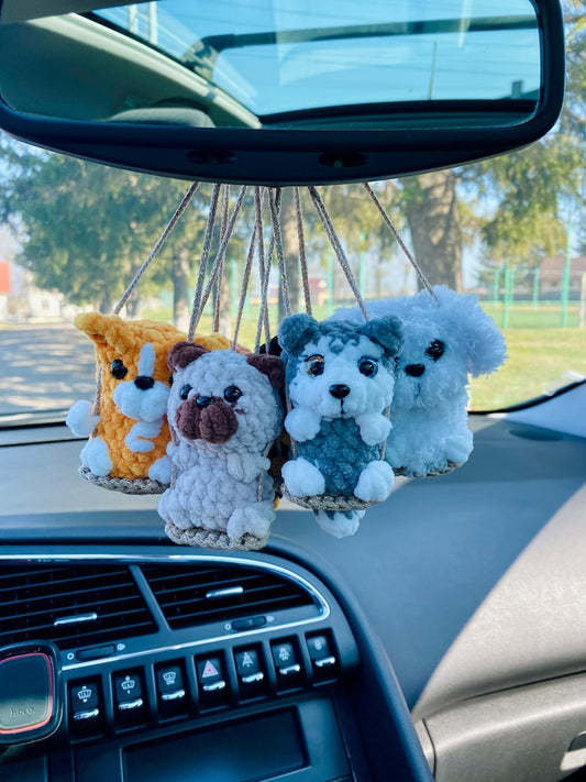 Car charms rear view mirror, Crochet mirror hanger Dog pug shepherd corgi malinois husky beagle Jack Russel Terrier Chihuahua car accessory