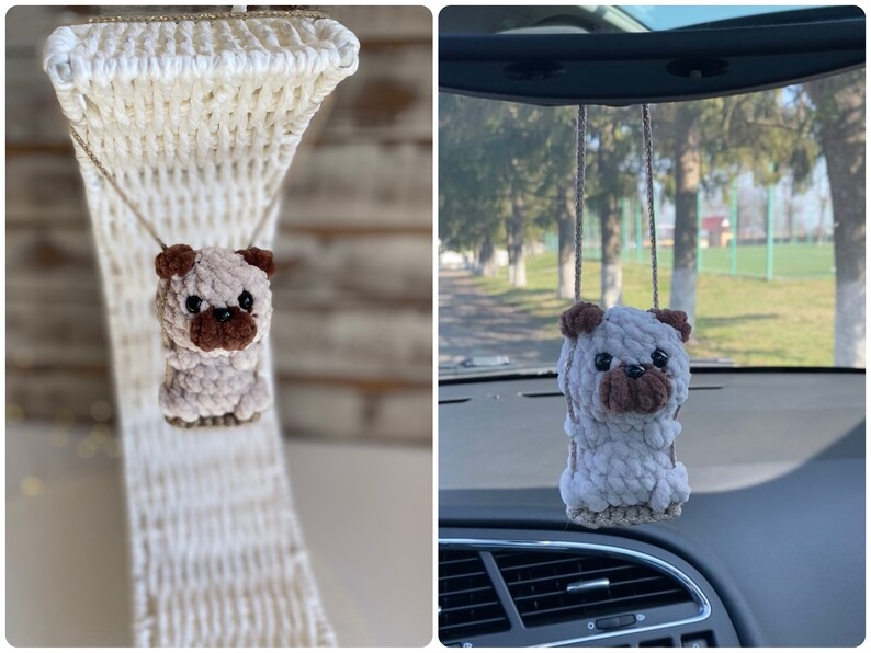 Car charms rear view mirror, Crochet mirror hanger Dog pug shepherd corgi malinois husky beagle Jack Russel Terrier Chihuahua car accessory